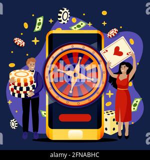 Online Casino Roulette und Glücksspiel Spiele Konzept. Fröhliches Paar mit Pokerchips und Karten. Vektor flache Cartoon-Figuren Illustration. Man und wo Stock Vektor