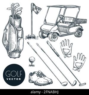 Golf Club Vektor handgezeichnete Icons und Design-Elemente gesetzt. Golfwagen, Ball, Schläger, Tasche und Zubehör Skizze Illustration. Freizeitaktivitäten im Freien st Stock Vektor