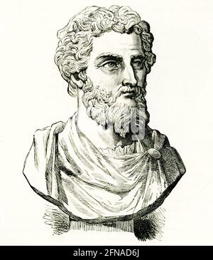 Diese Abbildung zeigt die Büste von septimius severus, die sich im Louvre in Frankreich befindet. Lucius Septimius Severus war ein römischer Kaiser von 193 bis 211. Er wurde in Leptis Magna in der römischen Provinz Afrika geboren. Als junger Mann avancierte er durch das übliche Stockfoto