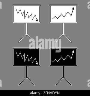 Whiteboards mit Diagrammen, die Wachstum und Rückgang in Schwarzweiß zeigen Stock Vektor