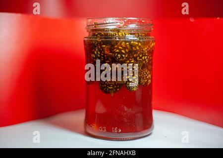 Pinienmarmelade. Marmelade aus Tannenzapfen. Ein Produkt mit einem hohen Gehalt an Vitamin C. hausgemachte süße Leckerbissen. Junge Tannenzapfen in Zucker. Stockfoto