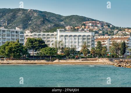 Strand von Las Fuentes in Alcossebre, Costa del Azahar Provinz Castellon, Spanien, Europa Stockfoto