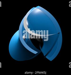 Abstraktes blaues und Glas-Symbol auf schwarzem Hintergrund - 3D Rendering-Illustration Stockfoto