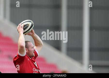 Llanelli, Großbritannien. Mai 2021. Ken Owens von Scarlets in Aktion. Guinness Pro14 Rainbow Cup Spiel, Scarlets gegen Cardiff Blues im Parc y Scarlets Stadium in Llanelli, South Wales am Samstag, den 15. Mai 2021. Bild von Andrew Orchard/Andrew Orchard Sports Photography/Alamy Live News Kredit: Andrew Orchard Sports Photography/Alamy Live News Stockfoto