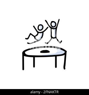 Handgezeichnete zwei Stickman springen auf Trampolin. Konzept Der Körperlichen Bewegung. Einfaches Icon-Motiv für Trapmolining Stick Figure Piktogramm. Energie, Bewegung Stock Vektor