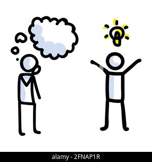 Hand gezeichneter Thinking Stick Figur mit Idee. Konzept der Inspiration Lightbulb Gedankenausdruck. Einfaches Icon-Motiv für Brainstorming Speech Bubble Stock Vektor