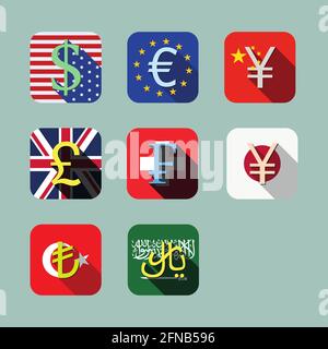 Satz von Währungssymbolen. Lange Schatten-Vektor-Symbole. Mit Flaggen der Länder. USA, Europa, Schweiz, Großbritannien, Japan, China, Türkei, Saudi-Arabien. Stock Vektor