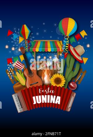 Festa Junina-Poster. Brasilianisches juni Festival Hintergrund mit bunten Wimpern, Laternen und anderen Elementen Stock Vektor