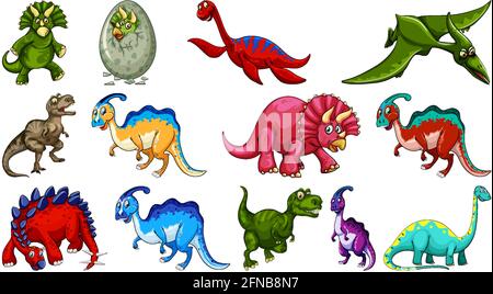 Verschiedene Dinosaurier Cartoon-Charakter und Fantasy-Drachen isoliert Illustration Stock Vektor