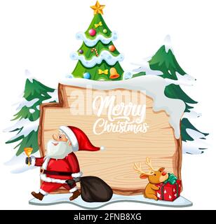 Merry Christmas Schrift Logo auf Holzbrett mit Weihnachten Cartoon Zeichen auf weißem Hintergrund Stock Vektor