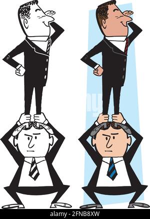 Eine Retro-Karikatur eines Geschäftsmannes, der auf einem anderen steht, um Erfolg zu erzielen. Stock Vektor