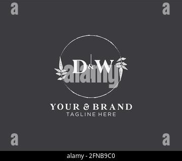 DW-Buchstaben Blumenrahmen. Botanical feminin editierbar vorgefertigte monoline einzigartige Dekoration für Grußkarte, Hochzeitseinladung. Stock Vektor