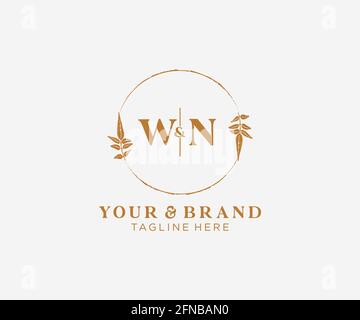 WN-Buchstaben Blumenrahmen. Botanical feminin editierbar vorgefertigte monoline einzigartige Dekoration für Grußkarte, Hochzeitseinladung. Stock Vektor