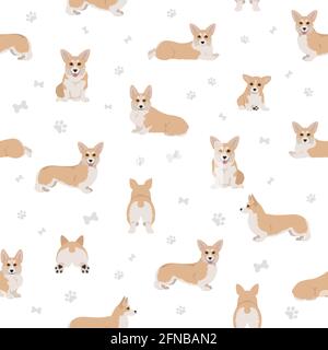 Welsh Corgi pembroke Nahtloses Muster. Verschiedene Posen, Fellfarben eingestellt. Vektorgrafik Stock Vektor