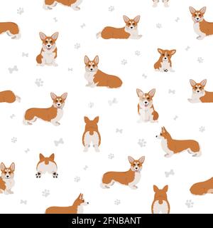 Welsh Corgi pembroke Nahtloses Muster. Verschiedene Posen, Fellfarben eingestellt. Vektorgrafik Stock Vektor