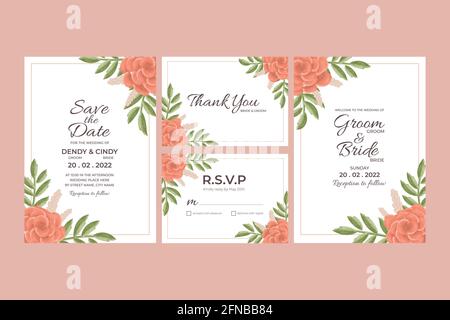Hochzeit Einladungskarte Vorlage mit Aquarell Blumenrahmen Dekorationen für Hochzeit, Brautdusche, Babydusche, Geburtstagsfeier und unvergesslichen Moment Stock Vektor