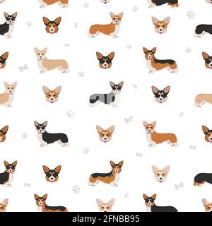 Welsh Corgi pembroke Nahtloses Muster. Verschiedene Posen, Fellfarben eingestellt. Vektorgrafik Stock Vektor