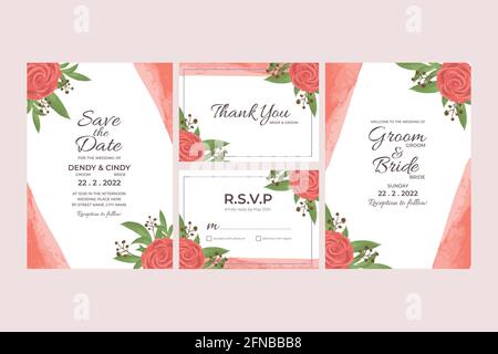 Hochzeit Einladungskarte Vorlage mit Aquarell Blumenrahmen Dekorationen für Hochzeit, Brautdusche, Babydusche, Geburtstagsfeier und unvergesslichen Moment Stock Vektor