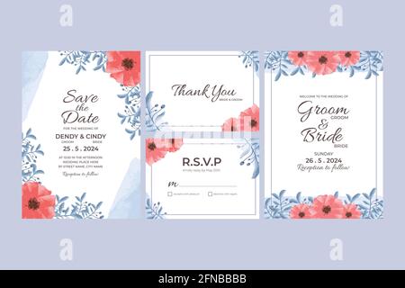 Hochzeit Einladungskarte Vorlage mit Aquarell Blumenrahmen Dekorationen für Hochzeit, Brautdusche, Babydusche, Geburtstagsfeier und unvergesslichen Moment Stock Vektor