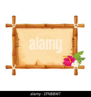 Hawaianischer Bambus-Holzrahmen mit Pergament und tropischen Blumen im Cartoon-Stil isoliert auf weißem Hintergrund. Leeres Schild, Schablonenposter. Vect Stock Vektor