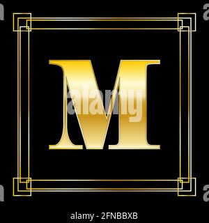 Buchstabe M Logo Design mit quadratischen Ornament, Luxus goldenes Design, Vektor-Illustration Stock Vektor