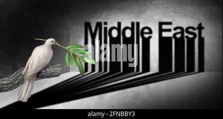 Nahost-Friedensabkommen und persische Golf-Diplomatie-Konzept mit einer weißen Taube hält einen Olivenzweig mit einem Schatten auf der Suche nach einem verhandelt. Stockfoto