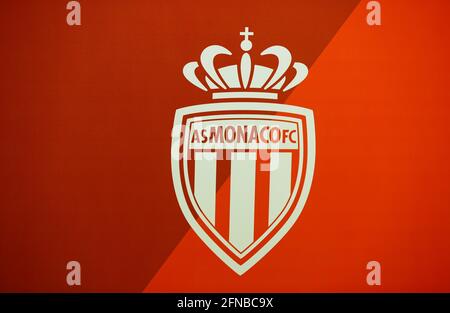 Monaco, Monaco. Mai 2021. Monaco, Monte-Carlo - 15. Mai 2021: AS Monaco vs. Stade Rennais Pressekonferenz mit Logo. Fussball, Soccer, Credit: dpa/Alamy Live News Stockfoto