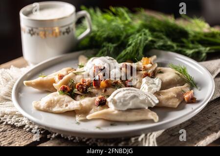 Gefülltes Pirohy-Gericht mit gebratenem Speck, frischem Dill und einer Tasse Milch. Stockfoto