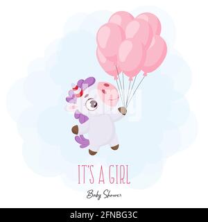 Baby Dusche Grußkarte mit niedlichen magischen Einhorn fliegen auf Luftballons. Lustige magische Einhorn Cartoon-Figur mit dem Satz "IT's a girl". Helle Farben Stock Vektor