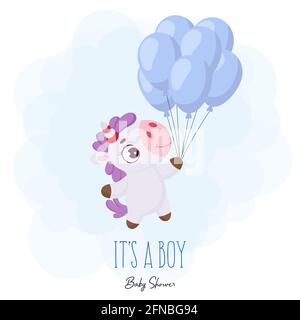 Baby Dusche Grußkarte mit niedlichen magischen Einhorn fliegen auf Luftballons. Lustige magische Einhorn Cartoon-Figur mit dem Satz "IT's a boy". Helle c Stock Vektor