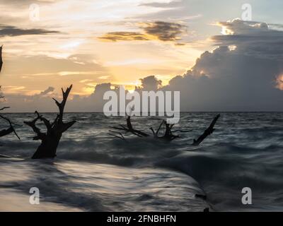 Sonnenuntergang am schönen tropischen Strand auf der kleinen Insel, Venu Island, Pulau Venu, in der Nähe von Kaimana, West Papua, Indonesien, Asien Stockfoto