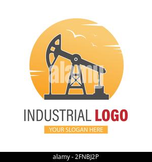 Industrielogo. Eine Öl- oder Gasanlage auf dem Hintergrund der Sonne. Stock Vektorbild für Logo, Aufkleber oder Aufkleber. Flacher Stil, isoliert auf weißem Hintergrund Stock Vektor