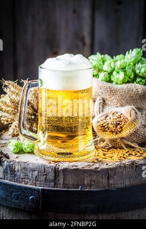 Pint helles Bier und großen Schaum. Brauindustrie. Leichtes Bier auf einem Holzfass. Stockfoto