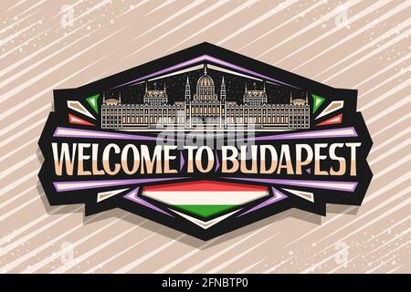 Vektor-Logo für Budapest, dunkles dekoratives Etikett mit Illustration der von budapest beleuchteten Stadtlandschaft auf dem Hintergrund des Abendhimmels, Kunstdesign-Kühlschrankmagnet Stock Vektor