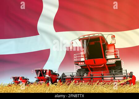 Rote ländliche landwirtschaftliche Mähdrescher auf Feld mit Dänemark Flagge Hintergrund, Lebensmittelindustrie Konzept - industrielle 3D-Illustration Stockfoto