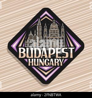 Vektor-Logo für Budapest, schwarzes Rhombus-Straßenschild mit Umriss-Illustration der budapester Stadtlandschaft auf Abendhimmel-Hintergrund, dekorativer Kühlschrankmagnet wi Stock Vektor