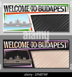 Vektor-Layouts für Budapest mit Kopierfläche, dekorativer Gutschein mit Liniendarstellung der budapester Stadtlandschaft am Tag- und Abendhimmel im Hintergrund, Art Desi Stock Vektor