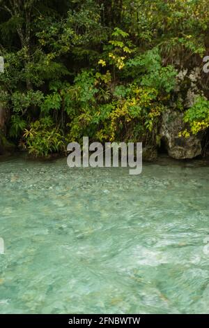 An einem regnerischen Tag rollt im Herbst ein blauer Fluss durch Mittelösterreich. Stockfoto