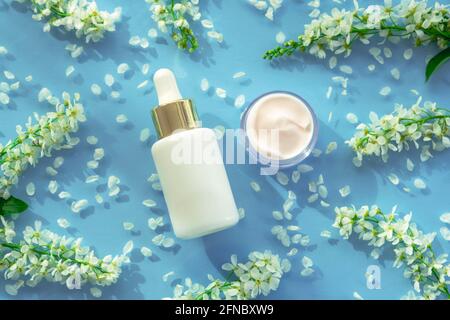 Weiße Flasche kosmetisches Serum und Cremedose auf blauem Hintergrund mit Byttneria-Blüten. Natürliche Bio-Kosmetik-Konzept. Draufsicht, flach liegend Stockfoto