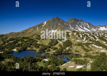 Sommermorgen in den Seen von Camporells, unterhalb der Berge Pic Peric und Petit Peric (Pyrénées Orientales, Oczitanie, Frankreich) Stockfoto