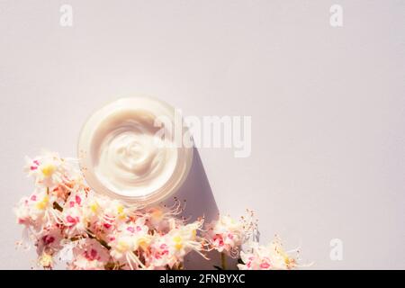 Cremedose und Rosskastanienblumen auf weißem Tisch im Sonnenlicht. Natürliche Bio-Kosmetik-Konzept. Harte Schatten, Draufsicht, flache Lage, Kopierbereich Stockfoto