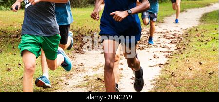 Eine High School Jungen Cross Country Laufmannschaft läuft schnell auf einem Feldweg mit Blättern in einem lokalen Park bedeckt. Stockfoto