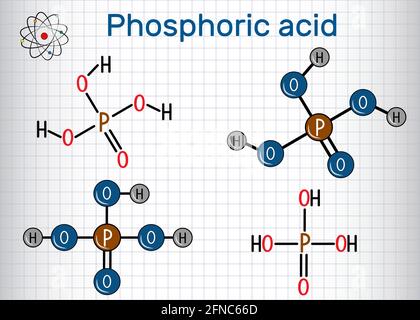 Phosphorsäure (Orthophosphorsäure, H2PO4) ist ein mineralisches und schwaches Säuremolekül. Strukturelle chemische Formel und Molekülmodell. Blatt Papier in einem Stock Vektor