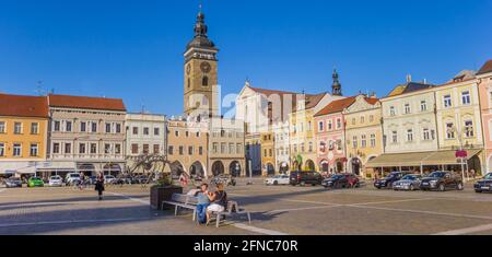 Panorama des historischen Marktplatzes von Ceske Budejovice, Tschechische Republik Stockfoto