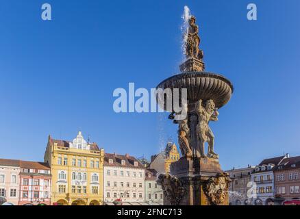 Historischer Brunnen auf dem Maket-Platz von Ceske Budejovice, Tschechische Republik Stockfoto