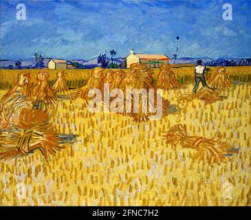 Vincent van Gogh Kunstwerk mit dem Titel Harvest in Provence. Ländliche Szene aus Südfrankreich mit einer lebendigen goldenen Maisernte vor einem reichen blauen Himmel. Stockfoto