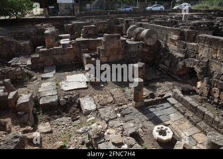 Archäologische Überreste einer byzantinischen Kirche aus dem 4. - 7. Jahrhundert n. Chr. in Banias, die damals Caesarea Philippi am Fuße des Mt. Hermon. Stockfoto