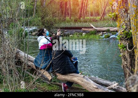 Zwei Frauen mittleren Alters sitzen auf einem gefallenen Ast eines Baum neben einem Strom lächelnd und ein Selfie Als Souvenir mitten in der Natur mit Sel Stockfoto