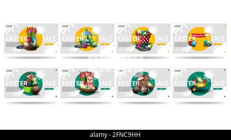 Ostern Verkauf, große Satz grauen horizontalen Rabatt Banner mit Symbolen, Knöpfe, Kopierer Raum, große dekorative Kreise in der Mitte und flüssige abstrakte Formen i Stockfoto