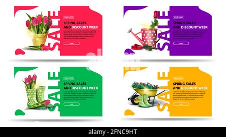 Frühlingsangebot, setzen Sie bunte Rabatt Banner mit Knöpfen, Blumen, Kopierer Platz und große Schriftzug des Angebots isoliert auf weißem Hintergrund für Ihre Kunst Stockfoto